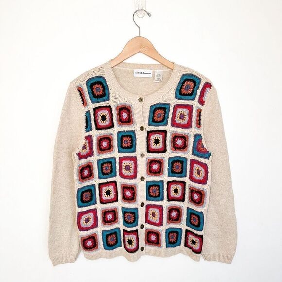 Alfred Dunner Women’s Coastal Grandma Crochet Square Multicolored Button Front C - Picture 1 of 7